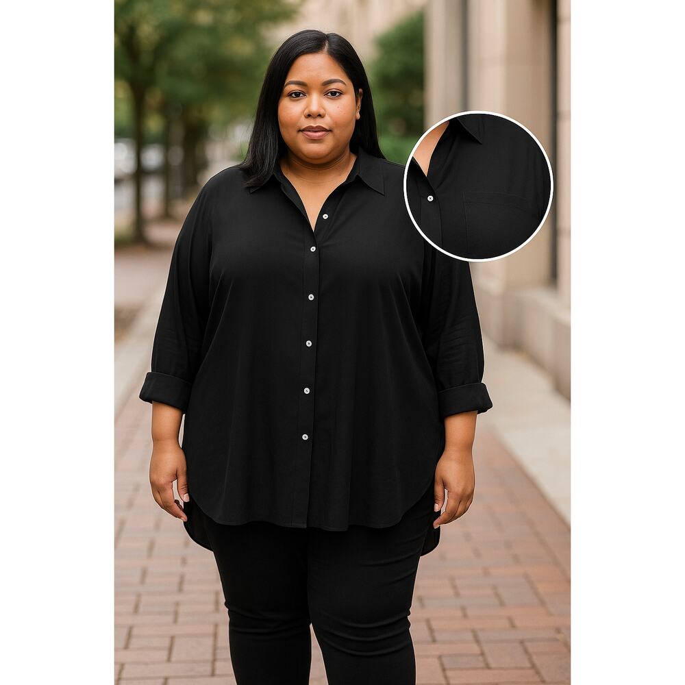 Lane Bryant Black Layered Hem Button Front Blouse 18/20 Minimalist Workwear Chic - Picture 2 of 12